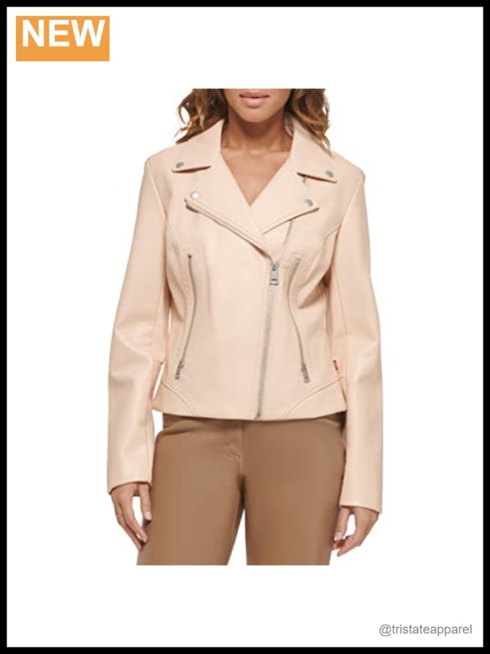 Faux Leather Moto Jacket with Asymmetrical Zipper, Snap Lapels, Zip Pockets